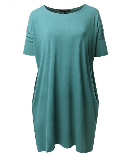 Women's Solid Loose Fit Dolman Tunic Top With Side Pockets