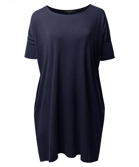 Women's Solid Loose Fit Dolman Tunic Top With Side Pockets