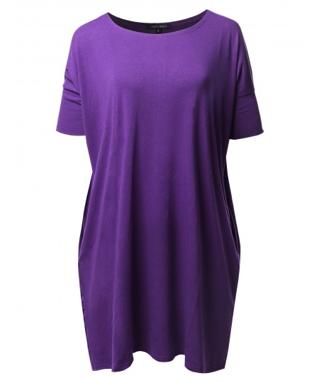 Women's Solid Loose Fit Dolman Tunic Top With Side Pockets