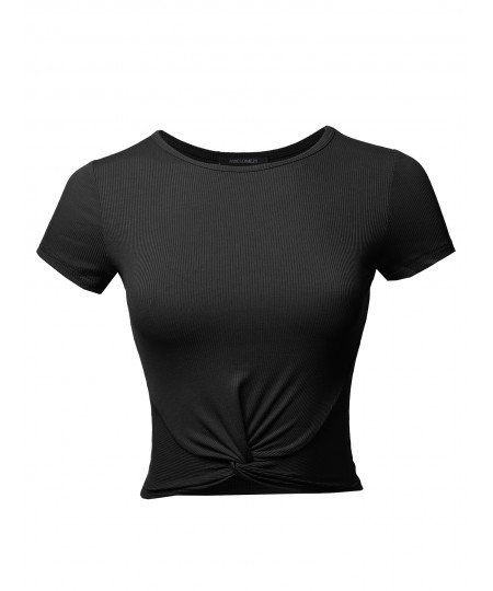 Women's Solid Knot Front Ribbed Short Sleeve Crop Top