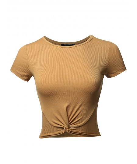 Women's Solid Knot Front Ribbed Short Sleeve Crop Top