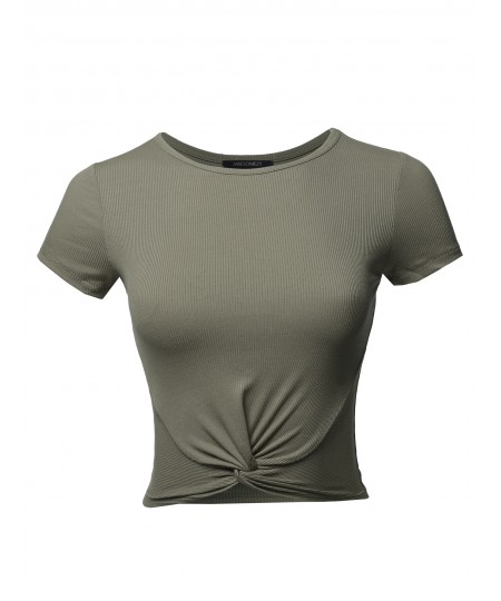 Women's Solid Knot Front Ribbed Short Sleeve Crop Top