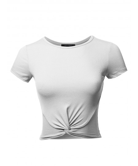 Women's Solid Knot Front Ribbed Short Sleeve Crop Top