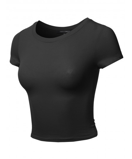 Women's Solid Round Neck Short Sleeve  Basic Crop Top