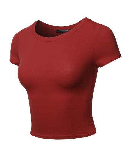 Women's Solid Round Neck Short Sleeve  Basic Crop Top