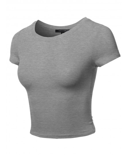 Women's Solid Round Neck Short Sleeve  Basic Crop Top