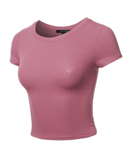 Women's Solid Round Neck Short Sleeve  Basic Crop Top