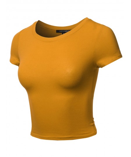 Women's Solid Round Neck Short Sleeve  Basic Crop Top