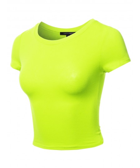 Women's Solid Round Neck Short Sleeve  Basic Crop Top