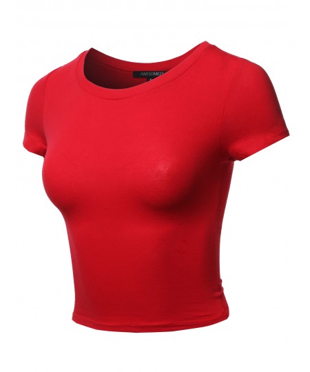 Women's Solid Round Neck Short Sleeve  Basic Crop Top