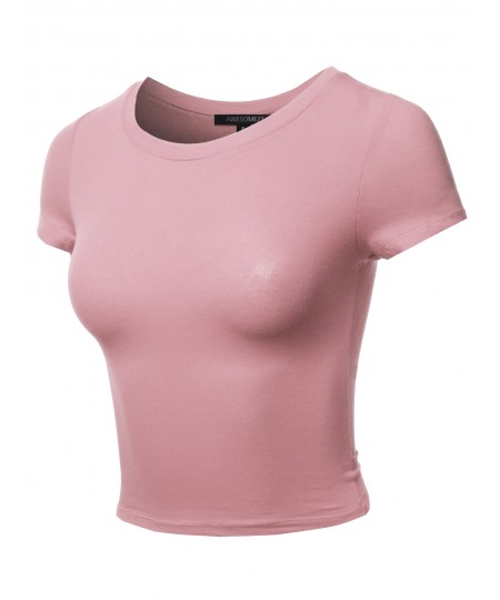 Women's Solid Round Neck Short Sleeve  Basic Crop Top