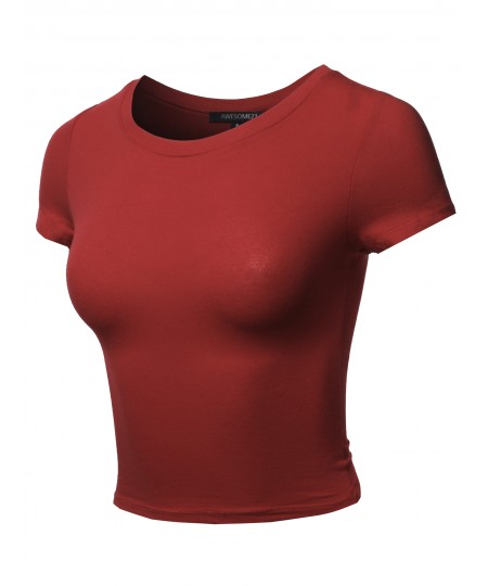 Women's Solid Round Neck Short Sleeve  Basic Crop Top