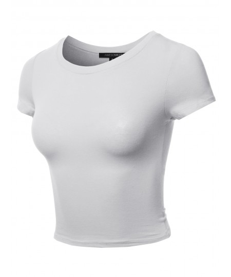 Women's Solid Round Neck Short Sleeve  Basic Crop Top