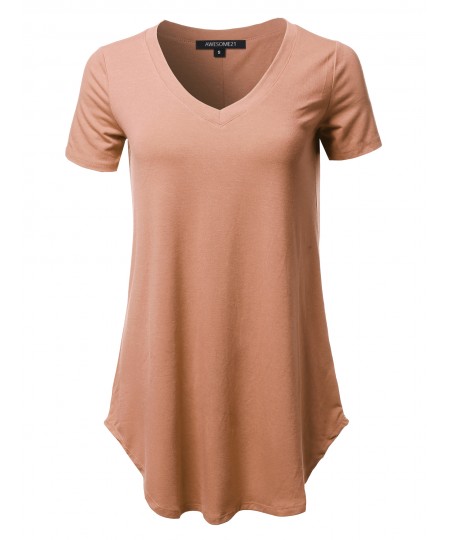 Women's Solid Relaxed Fit V-Neck Short Sleeve Basic Tee