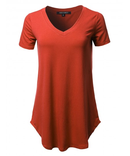 Women's Solid Relaxed Fit V-Neck Short Sleeve Basic Tee