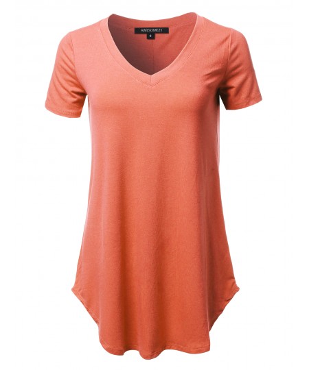 Women's Solid Relaxed Fit V-Neck Short Sleeve Basic Tee