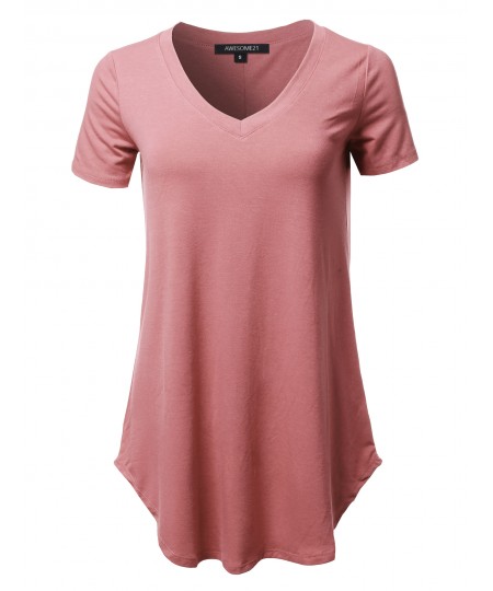 Women's Solid Relaxed Fit V-Neck Short Sleeve Basic Tee