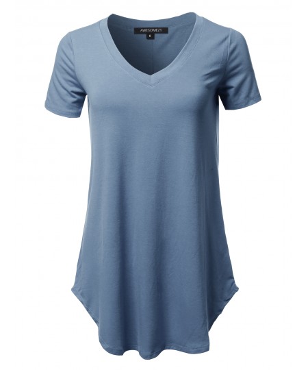 Women's Solid Relaxed Fit V-Neck Short Sleeve Basic Tee