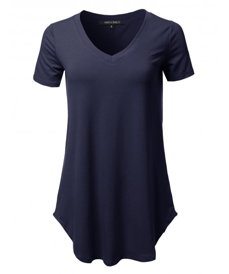 Women's Solid Relaxed Fit V-Neck Short Sleeve Basic Tee