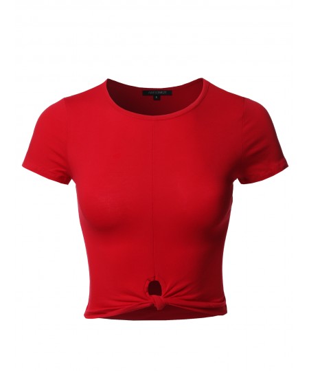 Women's Solid Knot Front Cotton Span Short Sleeve Crop Top