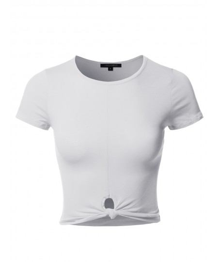 Women's Solid Knot Front Cotton Span Short Sleeve Crop Top