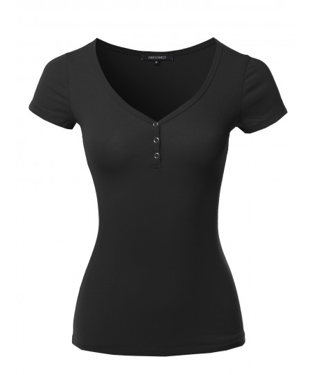 Women's Solid Short Sleeve Snap Button Henley V-Neck Top