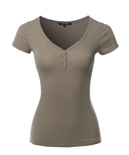 Women's Solid Short Sleeve Snap Button Henley V-Neck Top