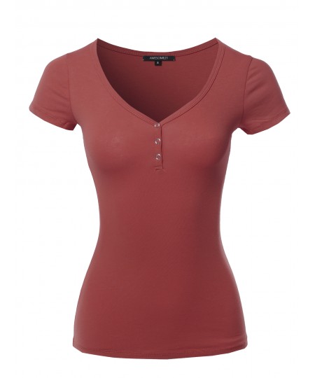 Women's Solid Short Sleeve Snap Button Henley V-Neck Top