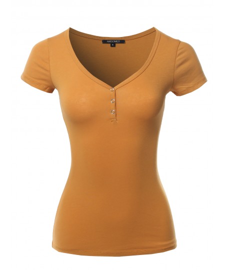 Women's Solid Short Sleeve Snap Button Henley V-Neck Top