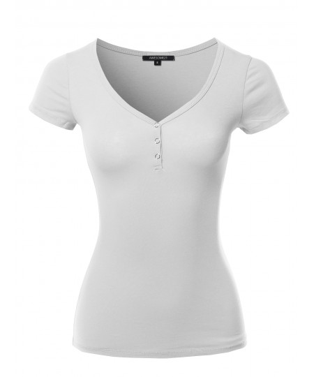 Women's Solid Short Sleeve Snap Button Henley V-Neck Top