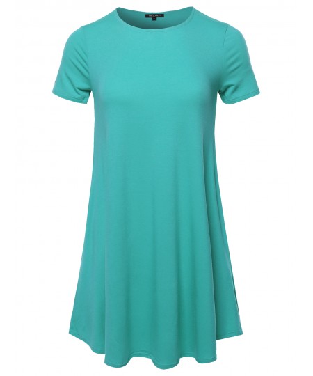 Women's Solid Short Sleeve Round Hem Flared Top With Pockets