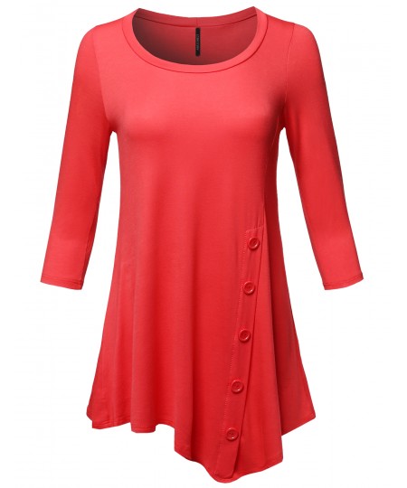 Women's Casual Solid Soft Stretch Asymmetrical 3/4 Sleeve Button Tunic Top