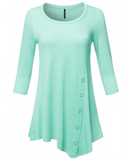 Women's Casual Solid Soft Stretch Asymmetrical 3/4 Sleeve Button Tunic Top