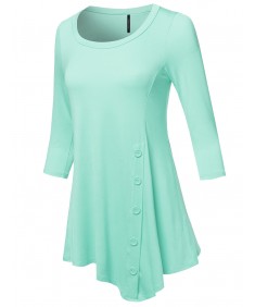 Women's Casual Solid Soft Stretch Asymmetrical 3/4 Sleeve Button Tunic Top