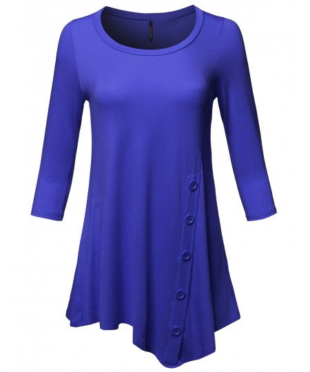 Women's Casual Solid Soft Stretch Asymmetrical 3/4 Sleeve Button Tunic Top