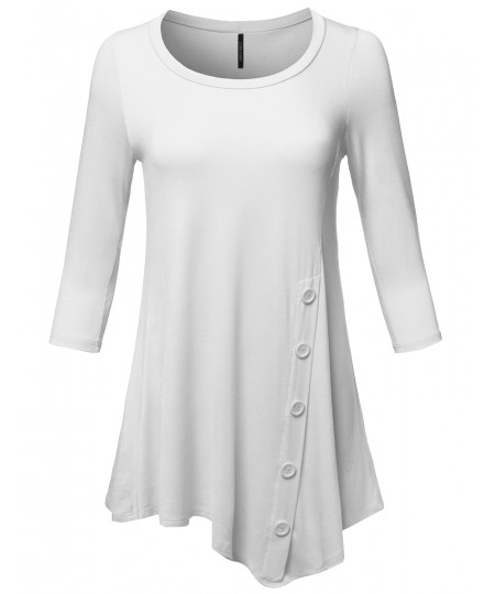 Women's Casual Solid Soft Stretch Asymmetrical 3/4 Sleeve Button Tunic Top