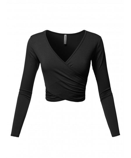Women's Solid V-Neck Crossover Shirred Wrap Front Long Sleeves Crop Top