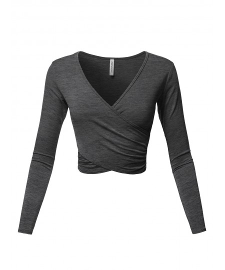 Women's Solid V-Neck Crossover Shirred Wrap Front Long Sleeves Crop Top