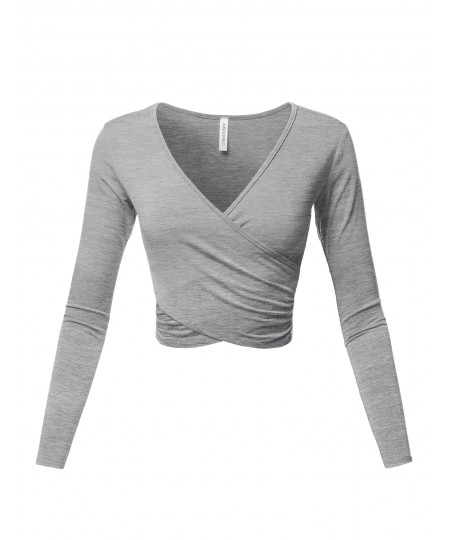 Women's Solid V-Neck Crossover Shirred Wrap Front Long Sleeves Crop Top