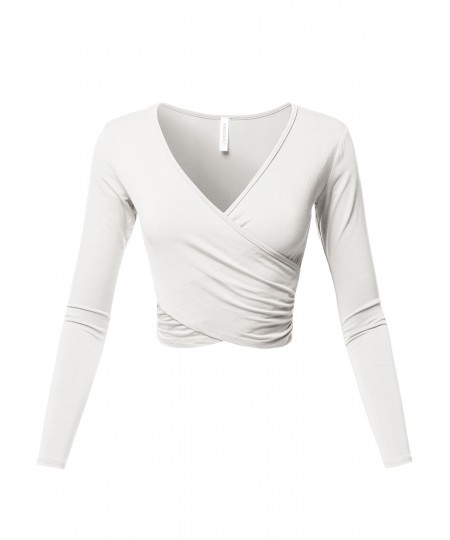 Women's Solid V-Neck Crossover Shirred Wrap Front Long Sleeves Crop Top