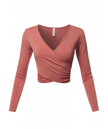 Women's Solid V-Neck Crossover Shirred Wrap Front Long Sleeves Crop Top