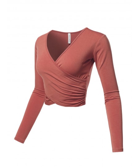 Women's Solid V-Neck Crossover Shirred Wrap Front Long Sleeves Crop Top