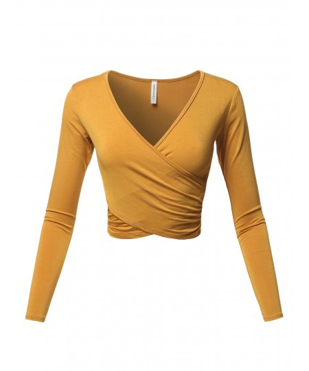 Women's Solid V-Neck Crossover Shirred Wrap Front Long Sleeves Crop Top