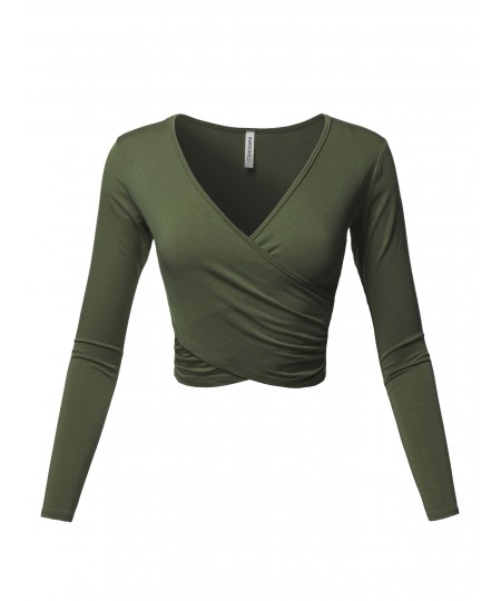 Women's Solid V-Neck Crossover Shirred Wrap Front Long Sleeves Crop Top