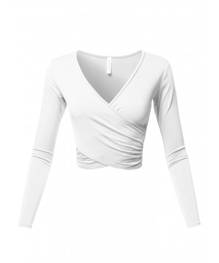 Women's Solid V-Neck Crossover Shirred Wrap Front Long Sleeves Crop Top