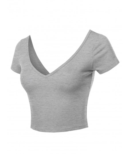 Women's Solid Basic Short Sleeve V Neck Crop Top