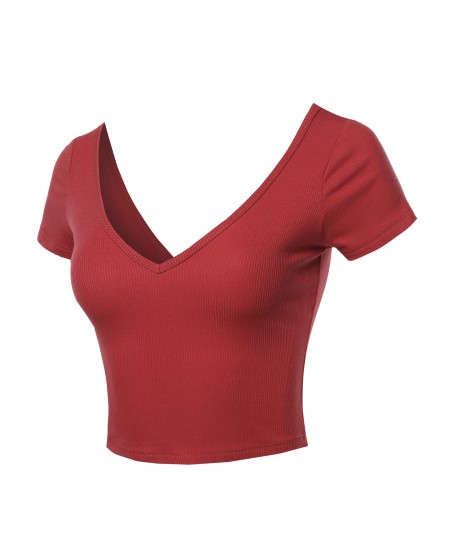 Women's Solid Basic Short Sleeve V Neck Crop Top
