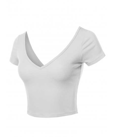 Women's Solid Basic Short Sleeve V Neck Crop Top