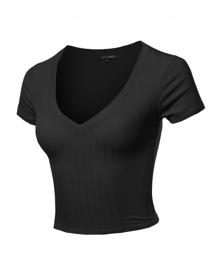 Women's Solid V Neck Short Sleeve Fitted Crop Top