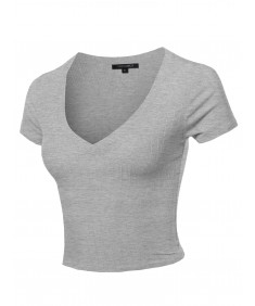 Women's Solid V Neck Short Sleeve Fitted Crop Top